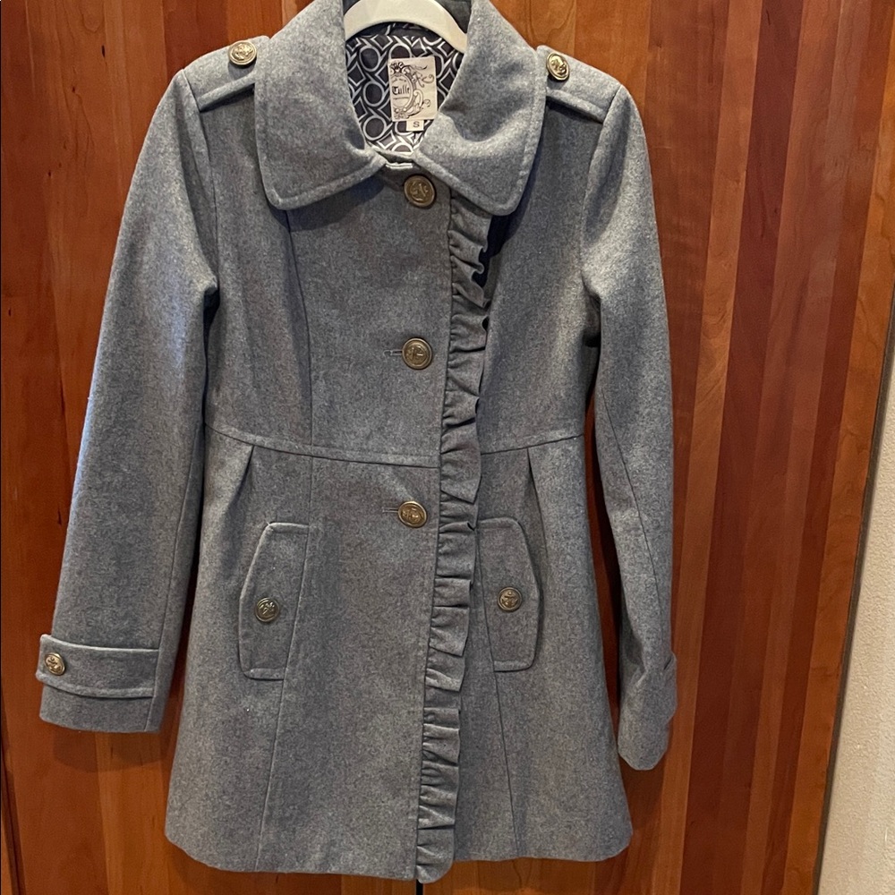 Vintage Tulle Anthropology Gray Ladies Pea Coat with Ruffle Detail